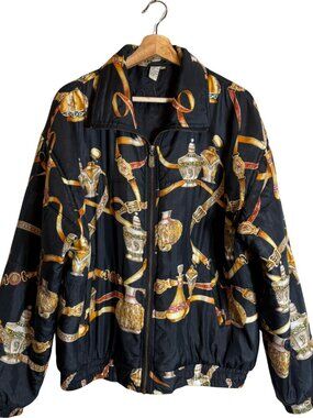Vintage CoAco 100% Silk Printed Bomber Jacket Women's Medium Black Gold Vases